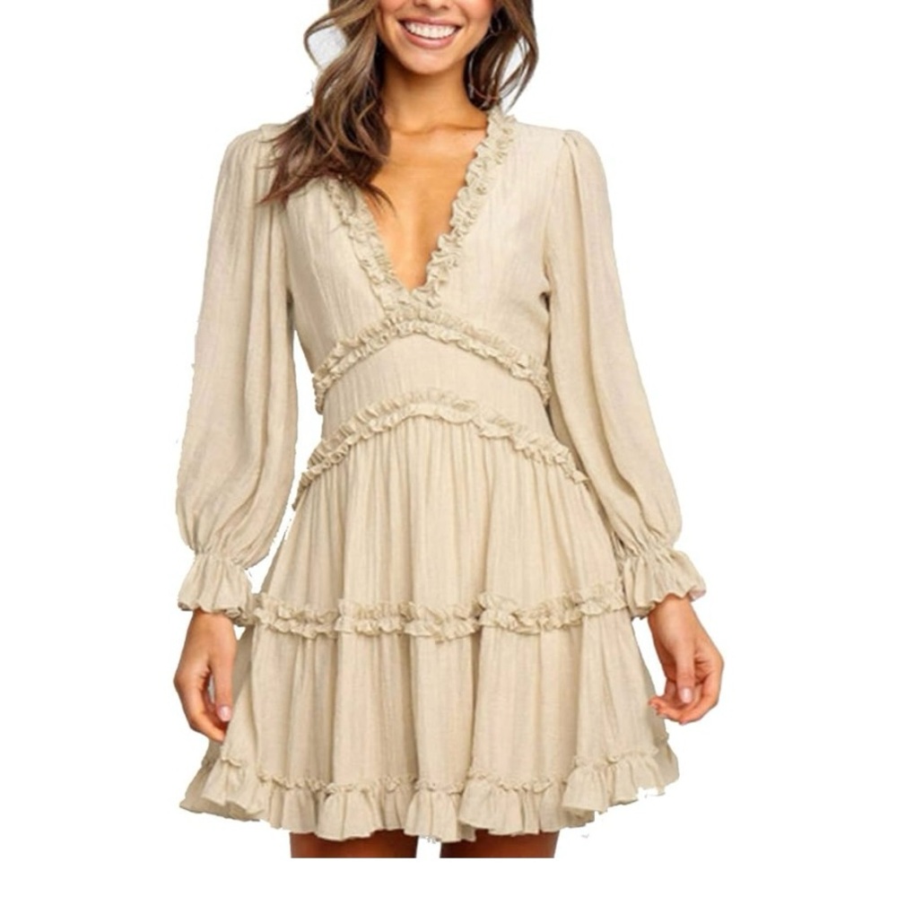 Amazon Cream Long Sleeve Ruffle Dress